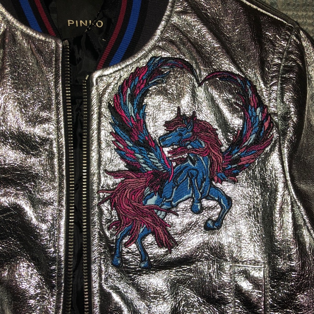 PINKO Aluminum Silver Bomber Jacket W/ Embroidery!